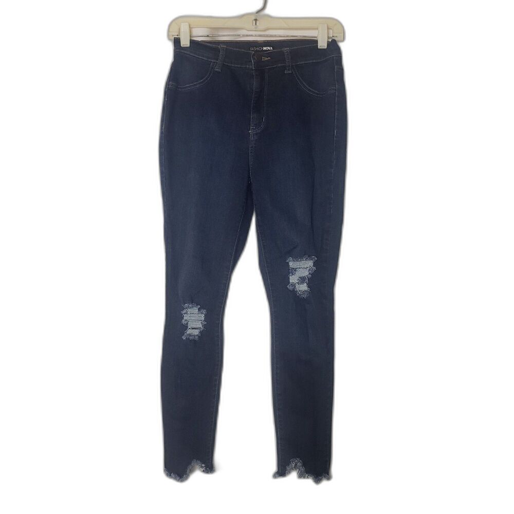 FASHION NOVA Distressed Dark Stretch Jeans with Shark Bite Hem Womens Size 9